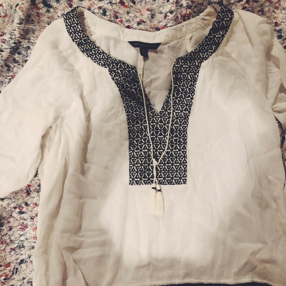 white blouse with black embroidery from ae